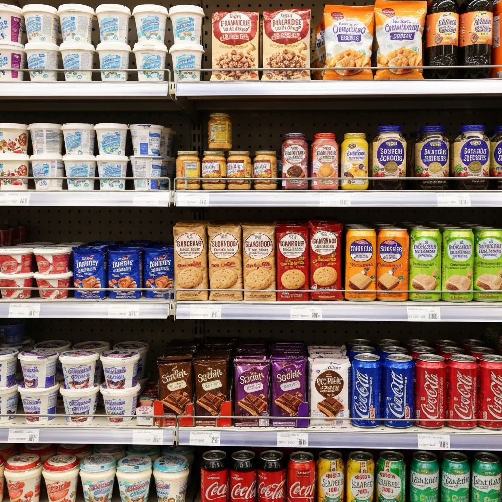 British supermarket shelf displaying typical UK products with added sugars including soft drinks, yoghurt, cereal, and biscuits